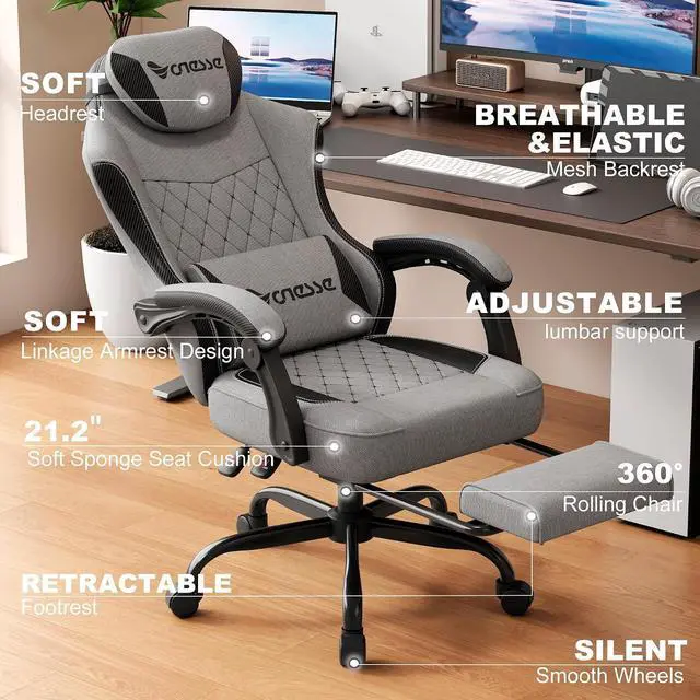 Alt view image 4 of 7 - Gaming Chair, Office Chair with Linen Breathable Mesh Fabric, Desk Chair with Adjustable Lumbar Support, Executive Computer Chairs with Footrest and Headrest (Gray)