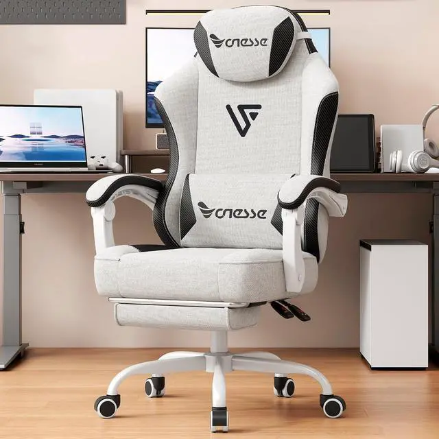 Main image of Gaming Chair, Office Chair with Linen Breathable Mesh Fabric, Desk Chair with Adjustable Lumbar Support, Executive Computer Chairs with Footrest and Headrest (Beige White)