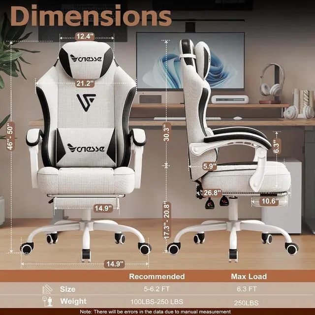 Alt view image 2 of 7 - Gaming Chair, Office Chair with Linen Breathable Mesh Fabric, Desk Chair with Adjustable Lumbar Support, Executive Computer Chairs with Footrest and Headrest (Beige White)