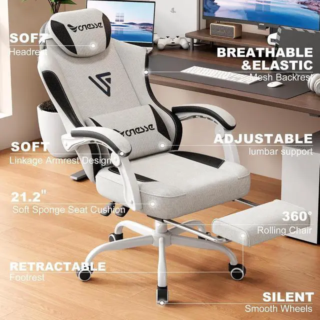 Alt view image 3 of 7 - Gaming Chair, Office Chair with Linen Breathable Mesh Fabric, Desk Chair with Adjustable Lumbar Support, Executive Computer Chairs with Footrest and Headrest (Beige White)