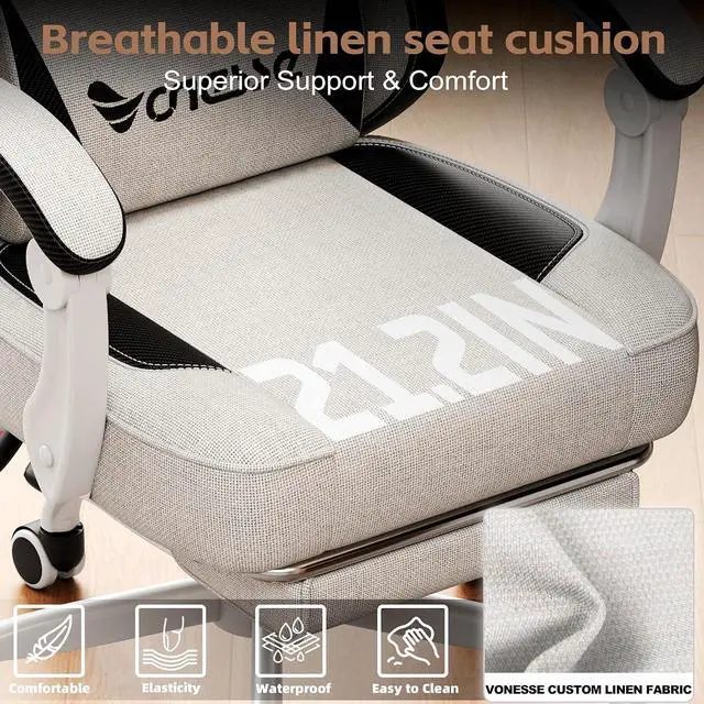 Alt view image 4 of 7 - Gaming Chair, Office Chair with Linen Breathable Mesh Fabric, Desk Chair with Adjustable Lumbar Support, Executive Computer Chairs with Footrest and Headrest (Beige White)