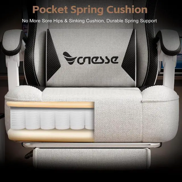 Alt view image 5 of 7 - Gaming Chair, Office Chair with Linen Breathable Mesh Fabric, Desk Chair with Adjustable Lumbar Support, Executive Computer Chairs with Footrest and Headrest (Beige White)