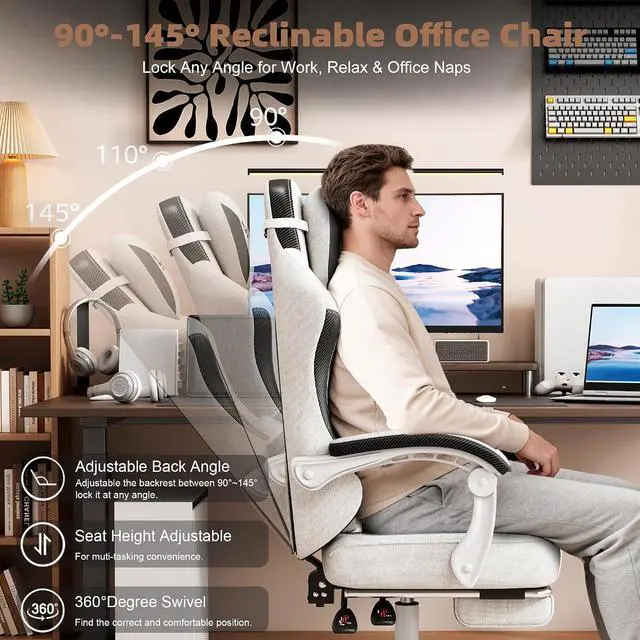 Alt view image 7 of 7 - Gaming Chair, Office Chair with Linen Breathable Mesh Fabric, Desk Chair with Adjustable Lumbar Support, Executive Computer Chairs with Footrest and Headrest (Beige White)