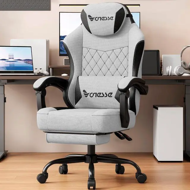 Main image of Gaming Chair, Office Chair with Linen Breathable Mesh Fabric, Desk Chair with Adjustable Lumbar Support, Executive Computer Chairs with Footrest and Headrest (Light Gray)