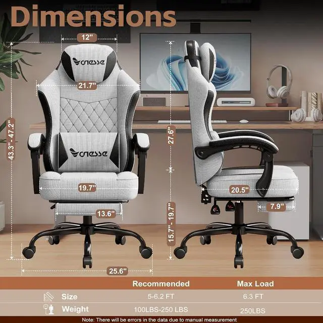 Alt view image 2 of 7 - Gaming Chair, Office Chair with Linen Breathable Mesh Fabric, Desk Chair with Adjustable Lumbar Support, Executive Computer Chairs with Footrest and Headrest (Light Gray)