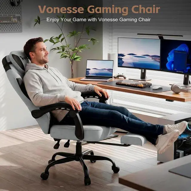 Alt view image 3 of 7 - Gaming Chair, Office Chair with Linen Breathable Mesh Fabric, Desk Chair with Adjustable Lumbar Support, Executive Computer Chairs with Footrest and Headrest (Light Gray)