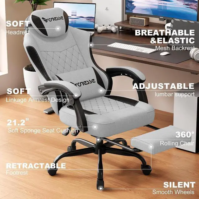 Alt view image 4 of 7 - Gaming Chair, Office Chair with Linen Breathable Mesh Fabric, Desk Chair with Adjustable Lumbar Support, Executive Computer Chairs with Footrest and Headrest (Light Gray)