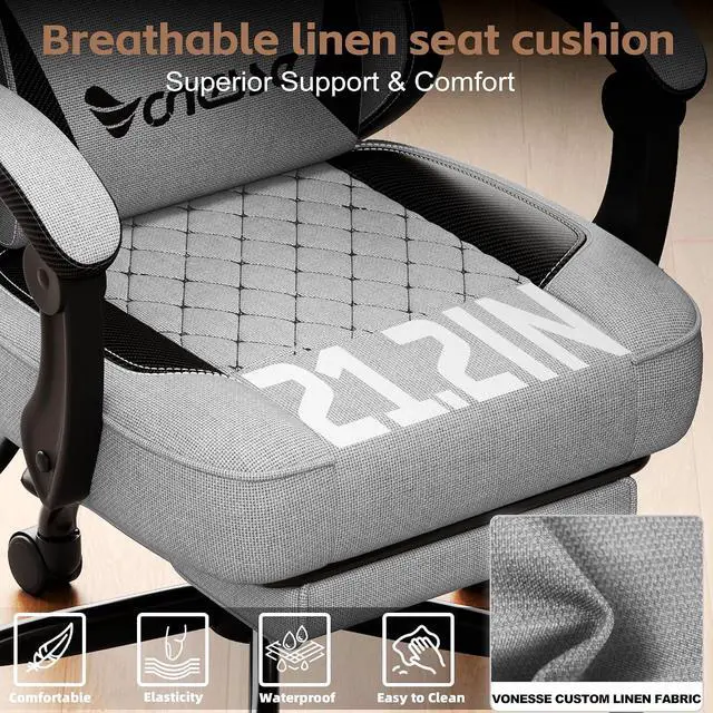 Alt view image 6 of 7 - Gaming Chair, Office Chair with Linen Breathable Mesh Fabric, Desk Chair with Adjustable Lumbar Support, Executive Computer Chairs with Footrest and Headrest (Light Gray)
