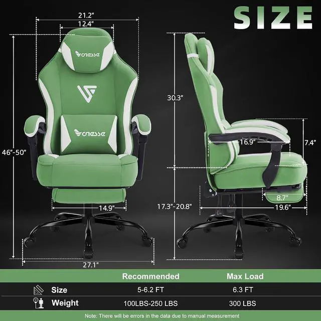 Alt view image 2 of 7 - Gaming Chair, Computer Chair Fabric with Pocket Spring Cushion, Office Chair with Footrest and Massage Lumbar Support, Reclining Gaming Chairs for Adults 250LBS (Green)