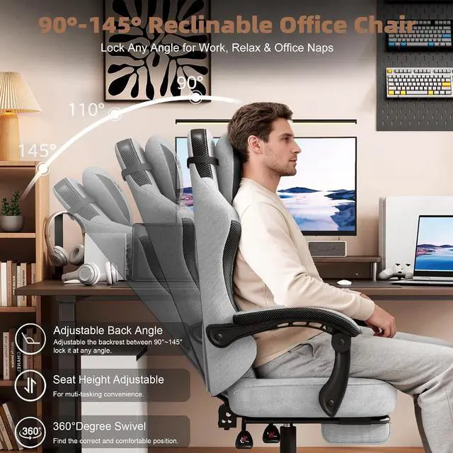 Alt view image 7 of 7 - Gaming Chair, Office Chair with Linen Breathable Mesh Fabric, Desk Chair with Adjustable Lumbar Support, Executive Computer Chairs with Footrest and Headrest (Light Gray)