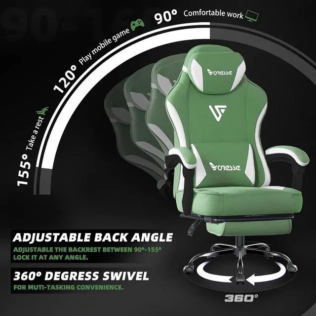 Alt view image 6 of 7 - Gaming Chair, Computer Chair Fabric with Pocket Spring Cushion, Office Chair with Footrest and Massage Lumbar Support, Reclining Gaming Chairs for Adults 250LBS (Green)