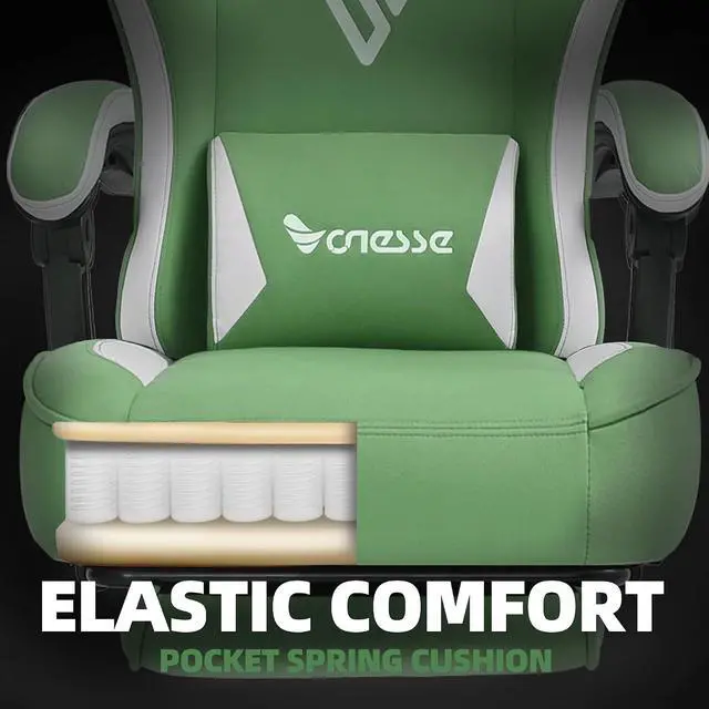 Alt view image 4 of 7 - Gaming Chair, Computer Chair Fabric with Pocket Spring Cushion, Office Chair with Footrest and Massage Lumbar Support, Reclining Gaming Chairs for Adults 250LBS (Green)