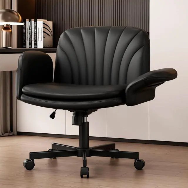 Main image of Criss Cross Office Chair with Wheels & Armrests, Height Adjustable Vanity Chair, Makeup Chairs with Side Pockets Design, Comfortable Computer Desk Chairs for Home (PU Leather,Black)