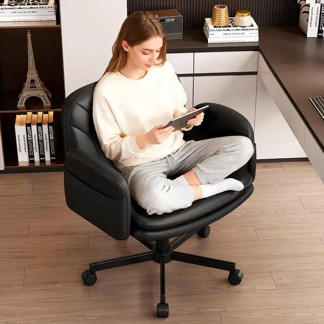 Alt view image 3 of 7 - Criss Cross Office Chair with Wheels & Armrests, Height Adjustable Vanity Chair, Makeup Chairs with Side Pockets Design, Comfortable Computer Desk Chairs for Home (PU Leather,Black)