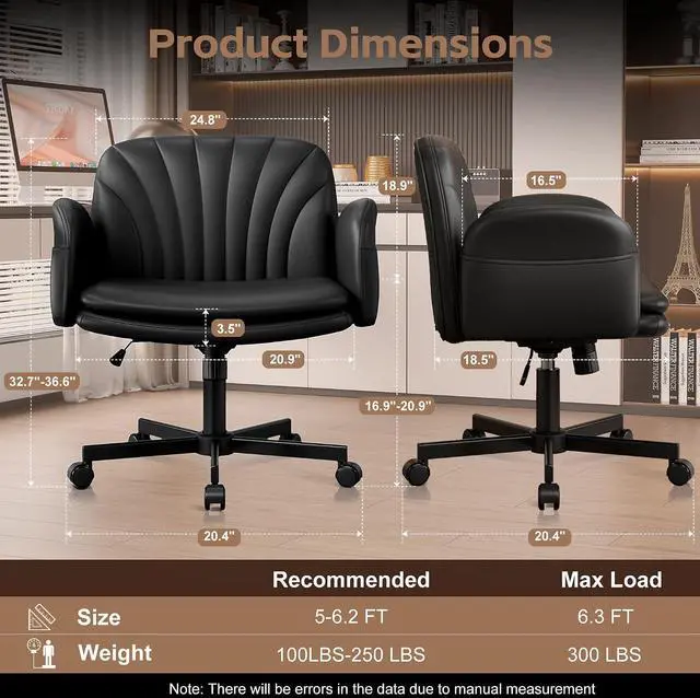 Alt view image 2 of 7 - Criss Cross Office Chair with Wheels & Armrests, Height Adjustable Vanity Chair, Makeup Chairs with Side Pockets Design, Comfortable Computer Desk Chairs for Home (PU Leather,Black)