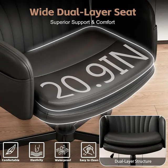 Alt view image 4 of 7 - Criss Cross Office Chair with Wheels & Armrests, Height Adjustable Vanity Chair, Makeup Chairs with Side Pockets Design, Comfortable Computer Desk Chairs for Home (PU Leather,Black)