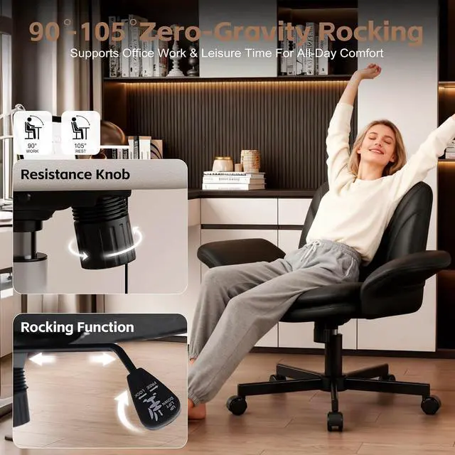 Alt view image 6 of 7 - Criss Cross Office Chair with Wheels & Armrests, Height Adjustable Vanity Chair, Makeup Chairs with Side Pockets Design, Comfortable Computer Desk Chairs for Home (PU Leather,Black)