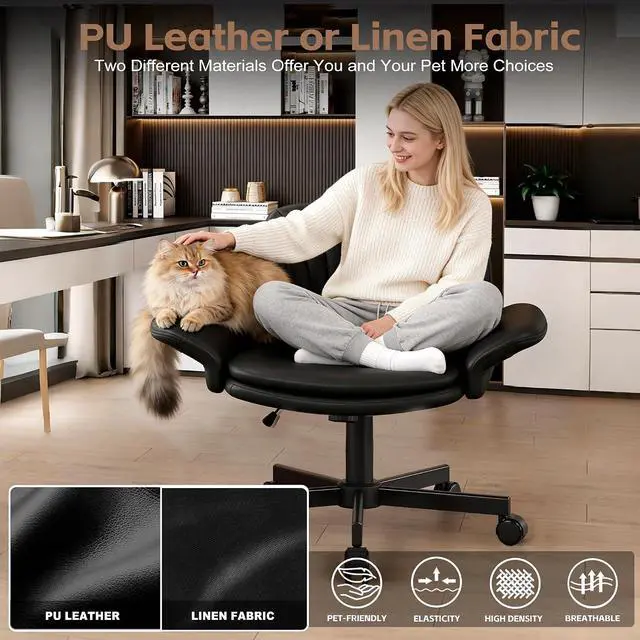 Alt view image 7 of 7 - Criss Cross Office Chair with Wheels & Armrests, Height Adjustable Vanity Chair, Makeup Chairs with Side Pockets Design, Comfortable Computer Desk Chairs for Home (PU Leather,Black)