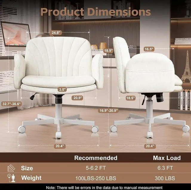 Alt view image 2 of 7 - Criss Cross Office Chair with Wheels & Armrests, Height Adjustable Vanity Chair, Makeup Chairs with Side Pockets Design, Comfortable Computer Desk Chairs for Home (Linen Fabric,White)