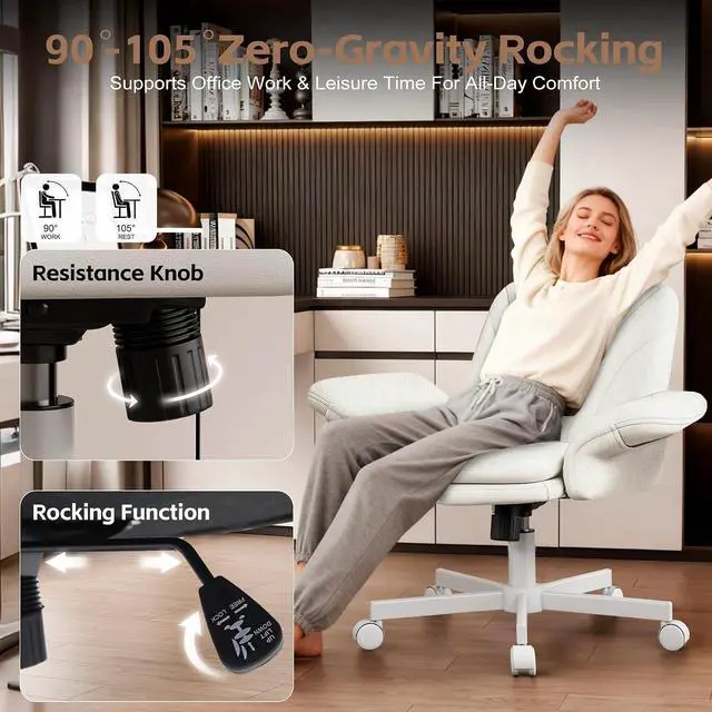 Alt view image 5 of 7 - Criss Cross Office Chair with Wheels & Armrests, Height Adjustable Vanity Chair, Makeup Chairs with Side Pockets Design, Comfortable Computer Desk Chairs for Home (Linen Fabric,White)