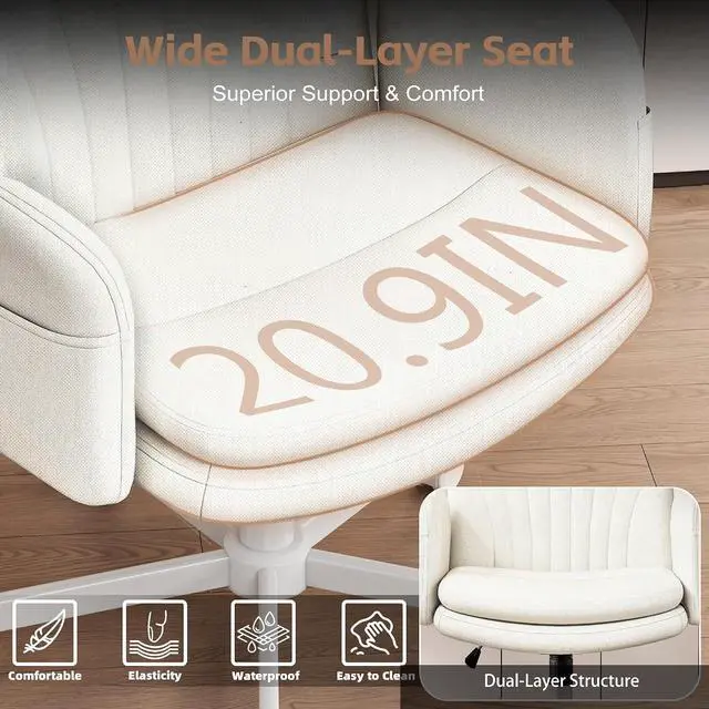 Alt view image 3 of 7 - Criss Cross Office Chair with Wheels & Armrests, Height Adjustable Vanity Chair, Makeup Chairs with Side Pockets Design, Comfortable Computer Desk Chairs for Home (Linen Fabric,White)