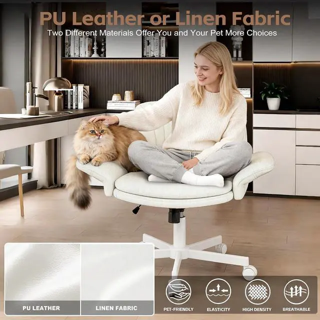 Alt view image 6 of 7 - Criss Cross Office Chair with Wheels & Armrests, Height Adjustable Vanity Chair, Makeup Chairs with Side Pockets Design, Comfortable Computer Desk Chairs for Home (Linen Fabric,White)