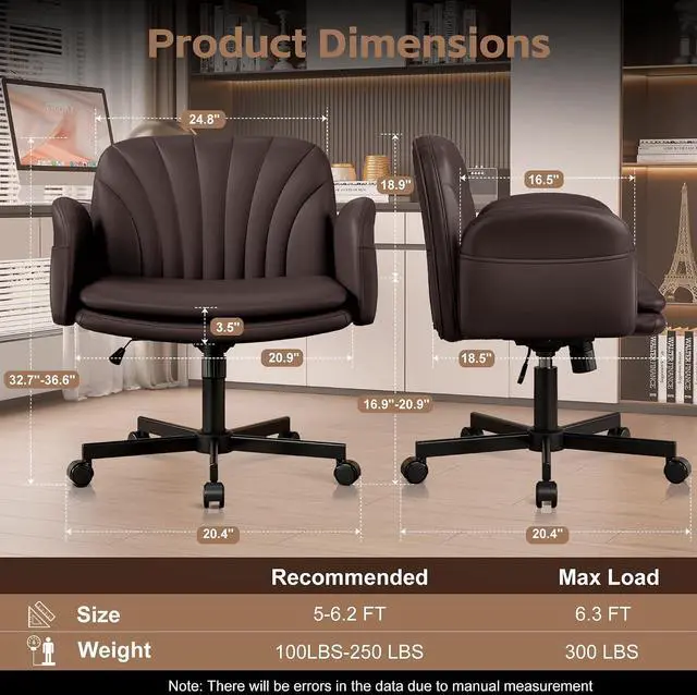 Alt view image 2 of 7 - Criss Cross Office Chair with Wheels & Armrests, Height Adjustable Vanity Chair, Makeup Chairs with Side Pockets Design, Comfortable Computer Desk Chairs for Home (PU Leather,Brown)