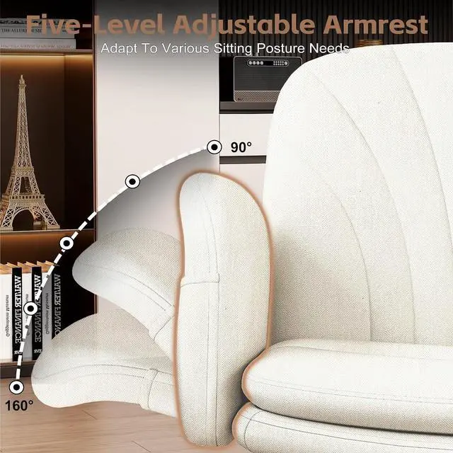 Alt view image 4 of 7 - Criss Cross Office Chair with Wheels & Armrests, Height Adjustable Vanity Chair, Makeup Chairs with Side Pockets Design, Comfortable Computer Desk Chairs for Home (Linen Fabric,White)