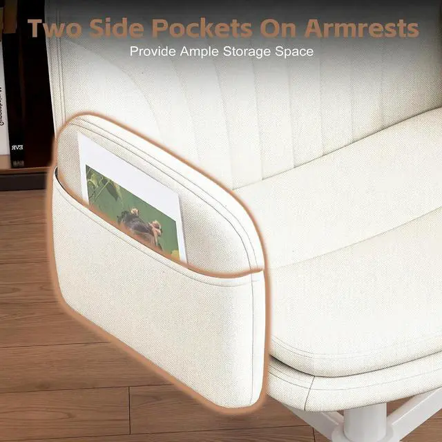 Alt view image 7 of 7 - Criss Cross Office Chair with Wheels & Armrests, Height Adjustable Vanity Chair, Makeup Chairs with Side Pockets Design, Comfortable Computer Desk Chairs for Home (Linen Fabric,White)