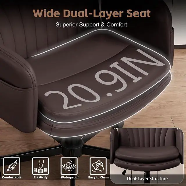 Alt view image 3 of 7 - Criss Cross Office Chair with Wheels & Armrests, Height Adjustable Vanity Chair, Makeup Chairs with Side Pockets Design, Comfortable Computer Desk Chairs for Home (PU Leather,Brown)