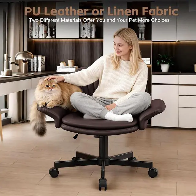 Alt view image 6 of 7 - Criss Cross Office Chair with Wheels & Armrests, Height Adjustable Vanity Chair, Makeup Chairs with Side Pockets Design, Comfortable Computer Desk Chairs for Home (PU Leather,Brown)