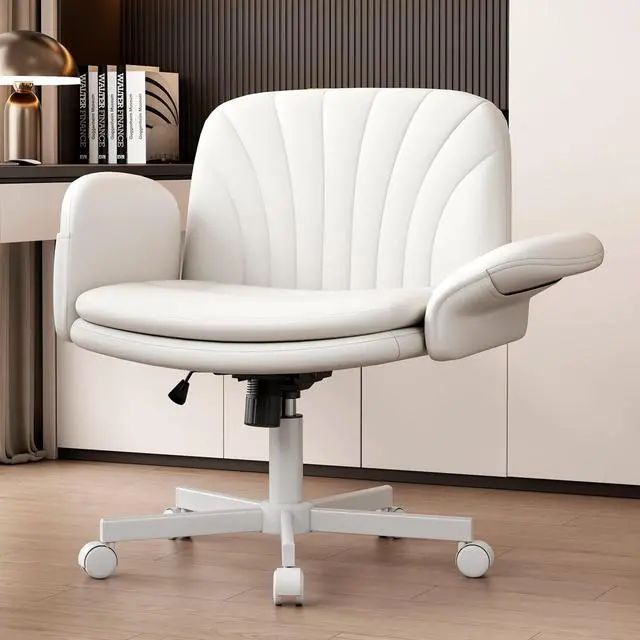 Main image of Criss Cross Office Chair with Wheels & Armrests, Height Adjustable Vanity Chair, Makeup Chairs with Side Pockets Design, Comfortable Computer Desk Chairs for Home (PU Leather,White)
