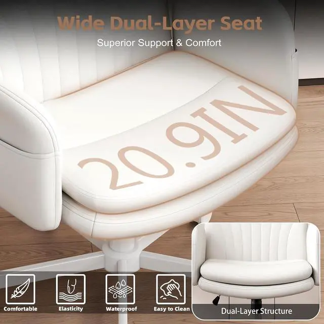 Alt view image 3 of 7 - Criss Cross Office Chair with Wheels & Armrests, Height Adjustable Vanity Chair, Makeup Chairs with Side Pockets Design, Comfortable Computer Desk Chairs for Home (PU Leather,White)
