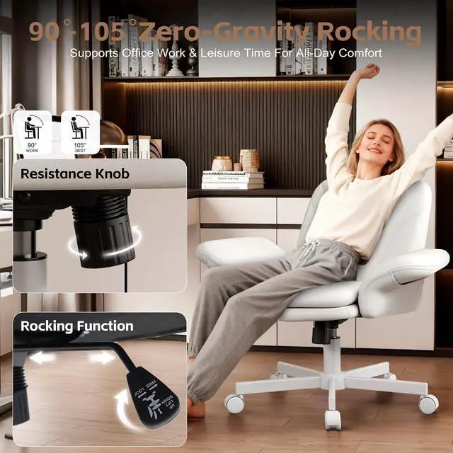 Alt view image 5 of 7 - Criss Cross Office Chair with Wheels & Armrests, Height Adjustable Vanity Chair, Makeup Chairs with Side Pockets Design, Comfortable Computer Desk Chairs for Home (PU Leather,White)