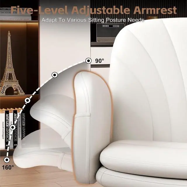 Alt view image 4 of 7 - Criss Cross Office Chair with Wheels & Armrests, Height Adjustable Vanity Chair, Makeup Chairs with Side Pockets Design, Comfortable Computer Desk Chairs for Home (PU Leather,White)