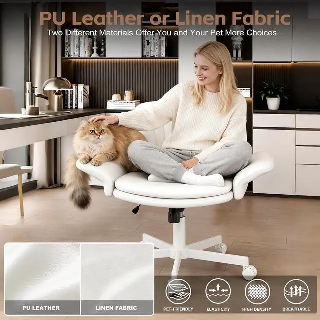 Alt view image 6 of 7 - Criss Cross Office Chair with Wheels & Armrests, Height Adjustable Vanity Chair, Makeup Chairs with Side Pockets Design, Comfortable Computer Desk Chairs for Home (PU Leather,White)