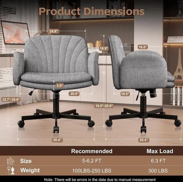 Alt view image 2 of 7 - Criss Cross Office Chair with Wheels & Armrests, Height Adjustable Vanity Chair, Makeup Chairs with Side Pockets Design, Comfortable Computer Desk Chairs for Home (Linen Fabric,Gray)