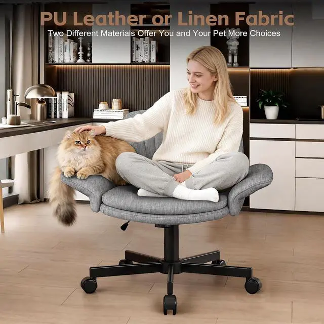 Alt view image 6 of 7 - Criss Cross Office Chair with Wheels & Armrests, Height Adjustable Vanity Chair, Makeup Chairs with Side Pockets Design, Comfortable Computer Desk Chairs for Home (Linen Fabric,Gray)