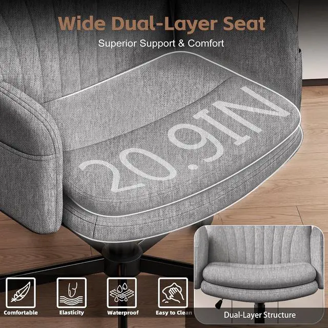 Alt view image 3 of 7 - Criss Cross Office Chair with Wheels & Armrests, Height Adjustable Vanity Chair, Makeup Chairs with Side Pockets Design, Comfortable Computer Desk Chairs for Home (Linen Fabric,Gray)