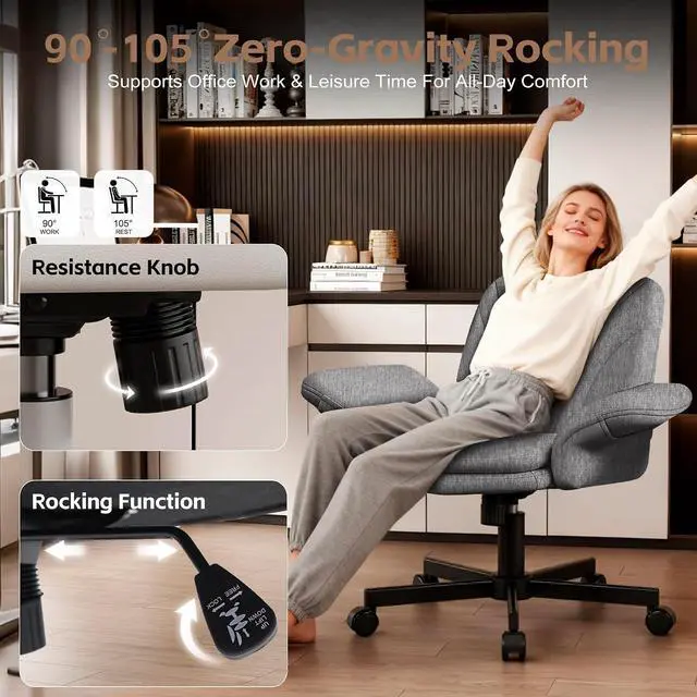 Alt view image 5 of 7 - Criss Cross Office Chair with Wheels & Armrests, Height Adjustable Vanity Chair, Makeup Chairs with Side Pockets Design, Comfortable Computer Desk Chairs for Home (Linen Fabric,Gray)