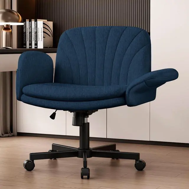 Main image of Criss Cross Office Chair with Wheels & Armrests, Height Adjustable Vanity Chair, Makeup Chairs with Side Pockets Design, Comfortable Computer Desk Chairs for Home (Linen Fabric,Blue)