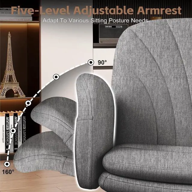 Alt view image 4 of 7 - Criss Cross Office Chair with Wheels & Armrests, Height Adjustable Vanity Chair, Makeup Chairs with Side Pockets Design, Comfortable Computer Desk Chairs for Home (Linen Fabric,Gray)