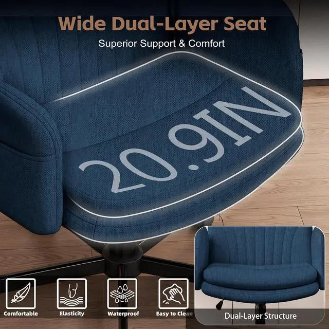 Alt view image 3 of 7 - Criss Cross Office Chair with Wheels & Armrests, Height Adjustable Vanity Chair, Makeup Chairs with Side Pockets Design, Comfortable Computer Desk Chairs for Home (Linen Fabric,Blue)