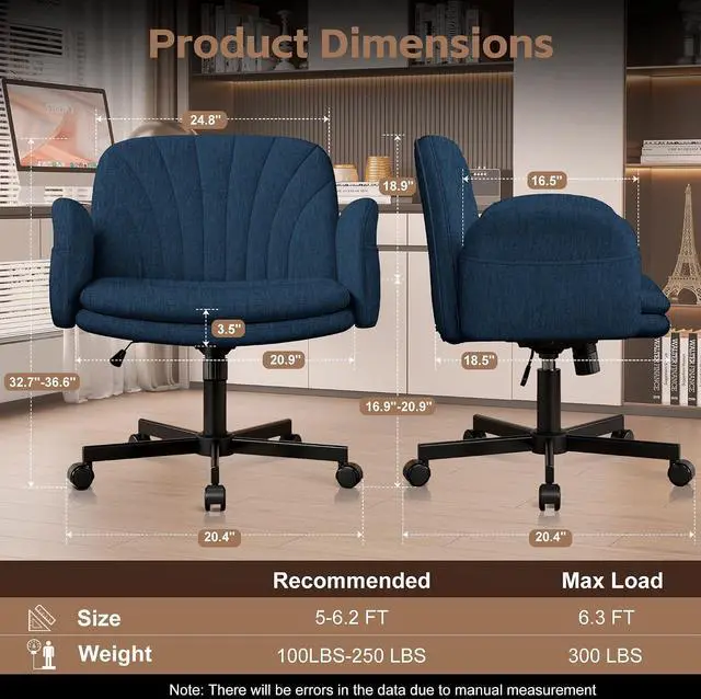 Alt view image 2 of 7 - Criss Cross Office Chair with Wheels & Armrests, Height Adjustable Vanity Chair, Makeup Chairs with Side Pockets Design, Comfortable Computer Desk Chairs for Home (Linen Fabric,Blue)