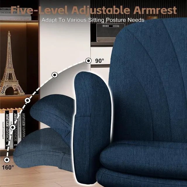 Alt view image 4 of 7 - Criss Cross Office Chair with Wheels & Armrests, Height Adjustable Vanity Chair, Makeup Chairs with Side Pockets Design, Comfortable Computer Desk Chairs for Home (Linen Fabric,Blue)