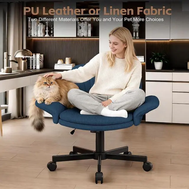 Alt view image 6 of 7 - Criss Cross Office Chair with Wheels & Armrests, Height Adjustable Vanity Chair, Makeup Chairs with Side Pockets Design, Comfortable Computer Desk Chairs for Home (Linen Fabric,Blue)