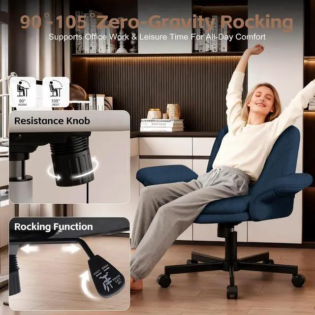 Alt view image 5 of 7 - Criss Cross Office Chair with Wheels & Armrests, Height Adjustable Vanity Chair, Makeup Chairs with Side Pockets Design, Comfortable Computer Desk Chairs for Home (Linen Fabric,Blue)