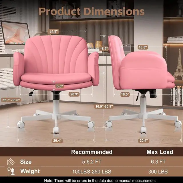 Alt view image 2 of 7 - Criss Cross Office Chair with Wheels & Armrests, Height Adjustable Vanity Chair, Makeup Chairs with Side Pockets Design, Comfortable Computer Desk Chairs for Home (PU Leather,Pink)