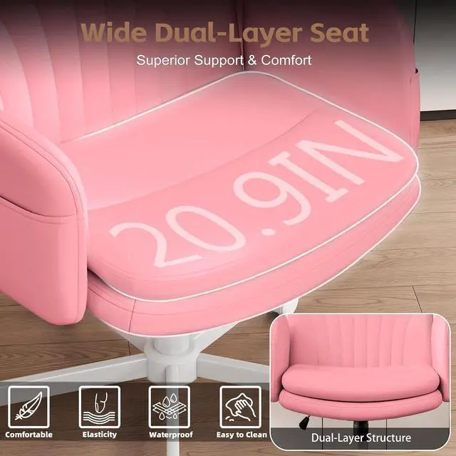 Alt view image 3 of 7 - Criss Cross Office Chair with Wheels & Armrests, Height Adjustable Vanity Chair, Makeup Chairs with Side Pockets Design, Comfortable Computer Desk Chairs for Home (PU Leather,Pink)