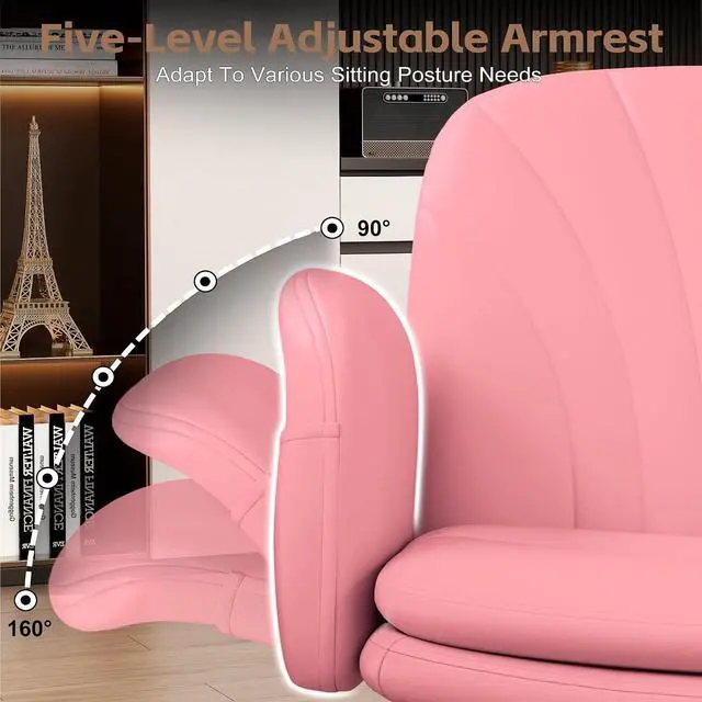 Alt view image 4 of 7 - Criss Cross Office Chair with Wheels & Armrests, Height Adjustable Vanity Chair, Makeup Chairs with Side Pockets Design, Comfortable Computer Desk Chairs for Home (PU Leather,Pink)